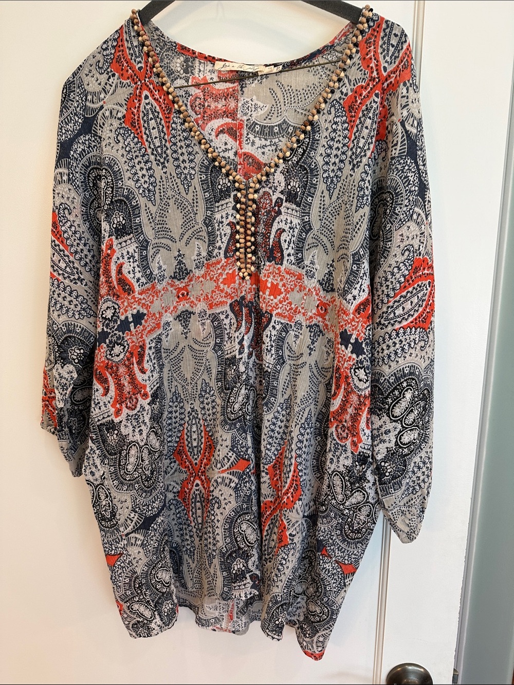 🪸 Joie Paisley Beaded V-Neck Tunic in Navy, light blue and 🪸 coral